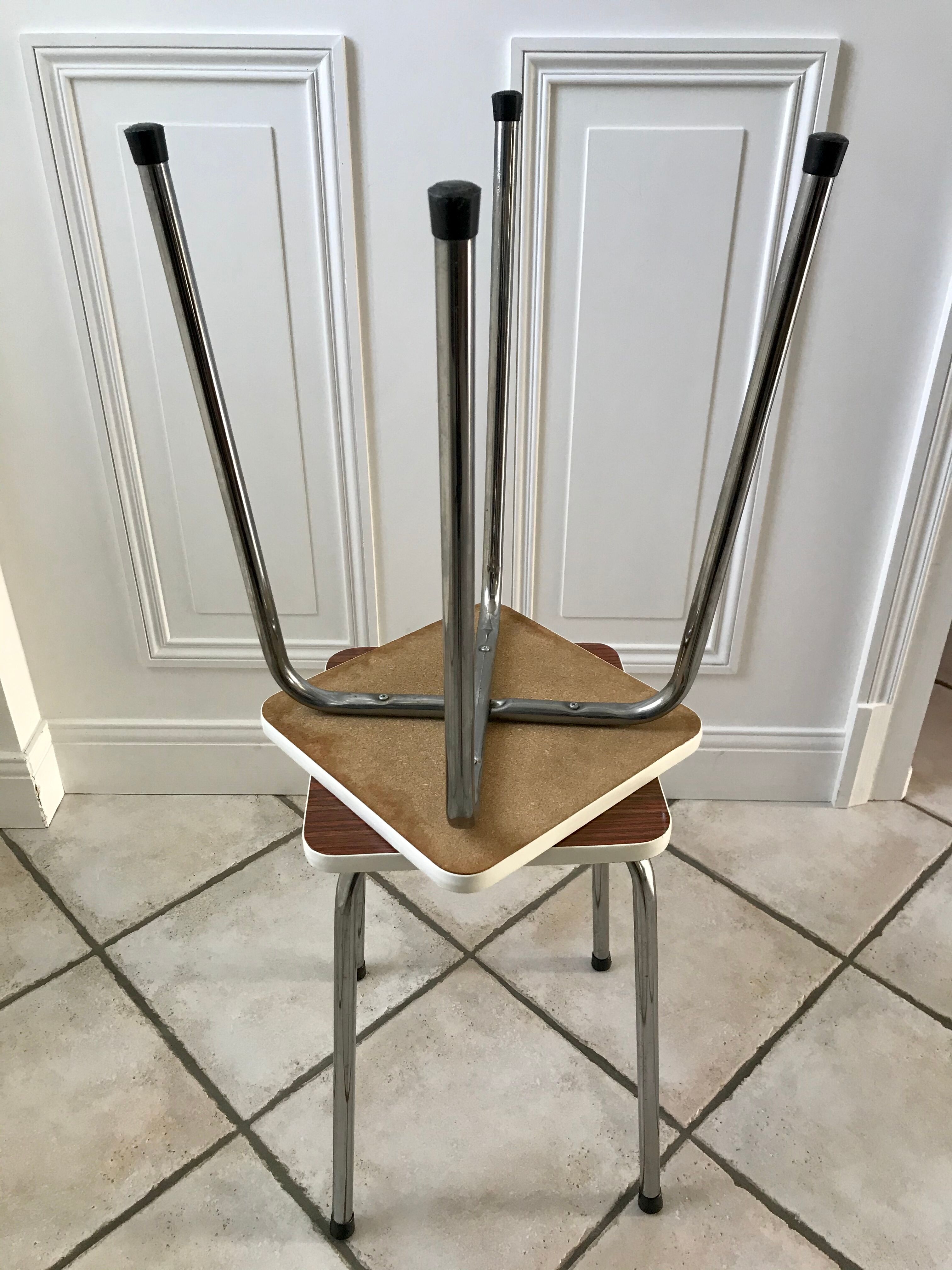 Pair of formica stools brown style veneer and white 70s