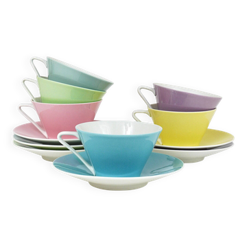 Set of 6 pastel porcelain coffee cups "Daisy", Lilien, Austria, 1950s