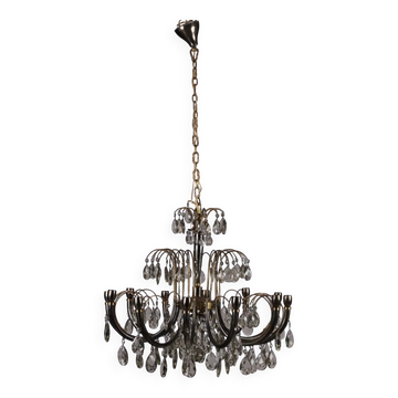 Lustre ancien en laiton et cristal, Italie, années 1930-40