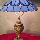 1900 solid bronze lamp inlaid with enamel glass lampshade