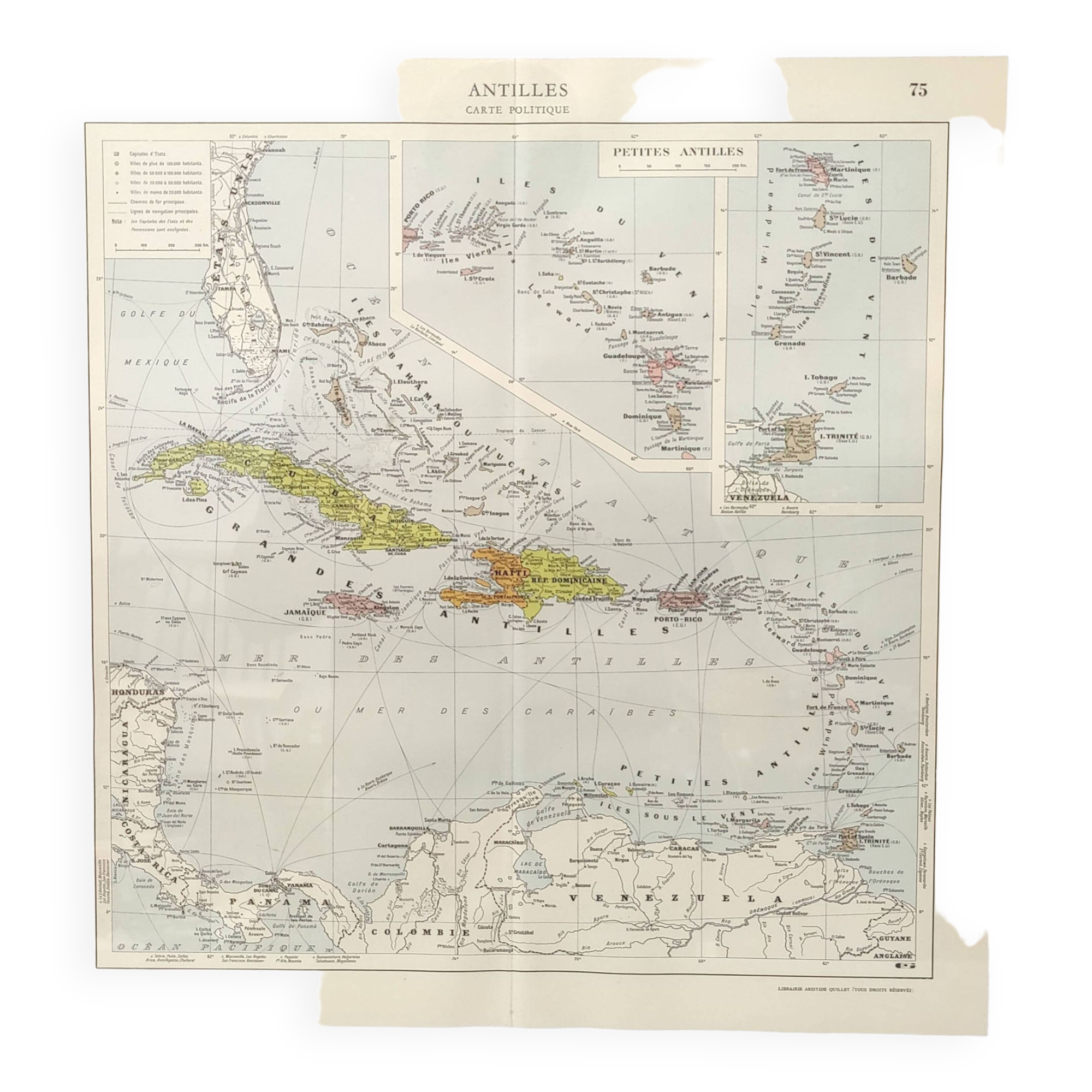 Map of the Antilles Caribbean Sea archipelago vintage from 1950