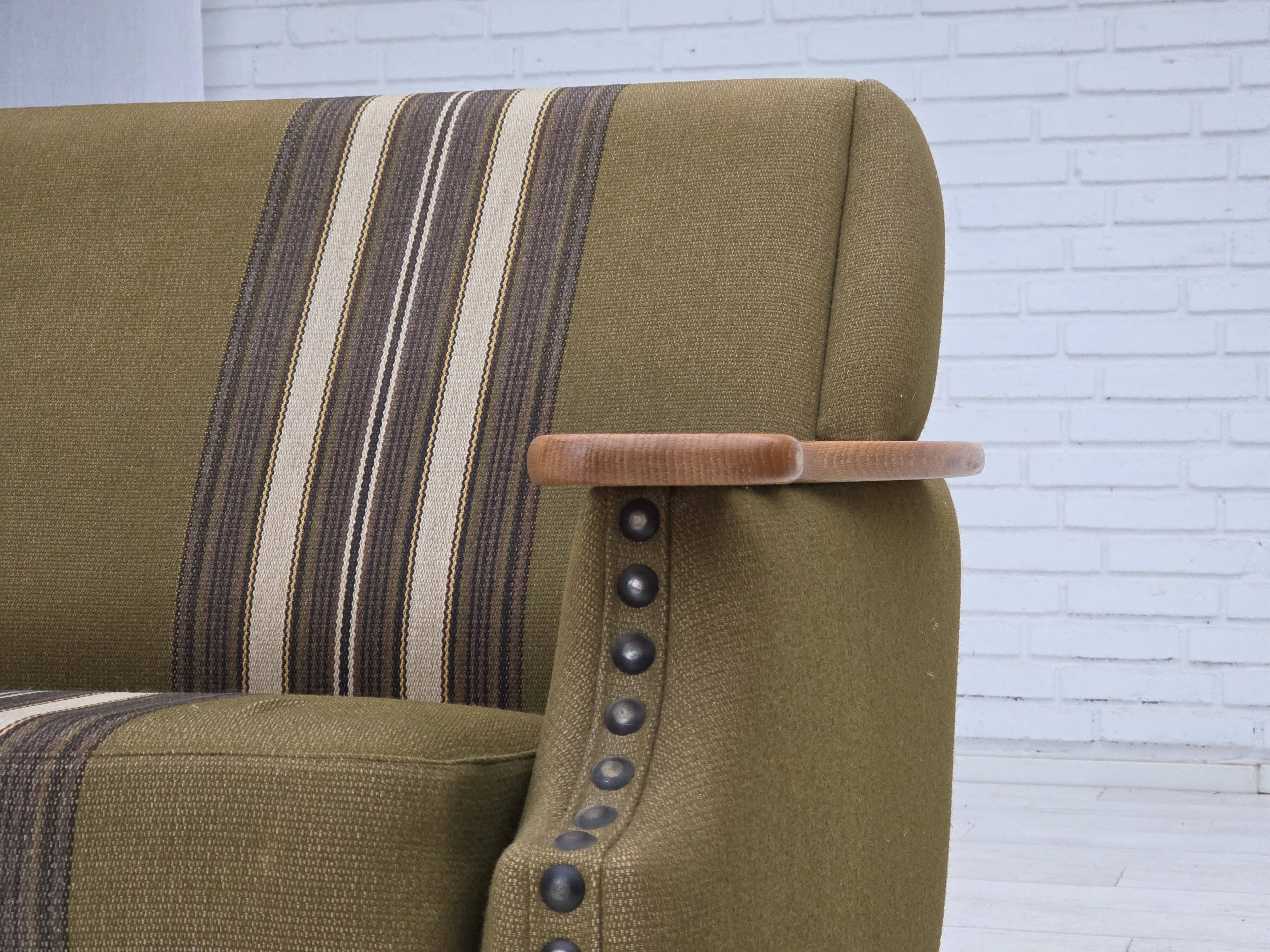 1970s, Danish 2-seater sofa, green furniture wool, oak wood.