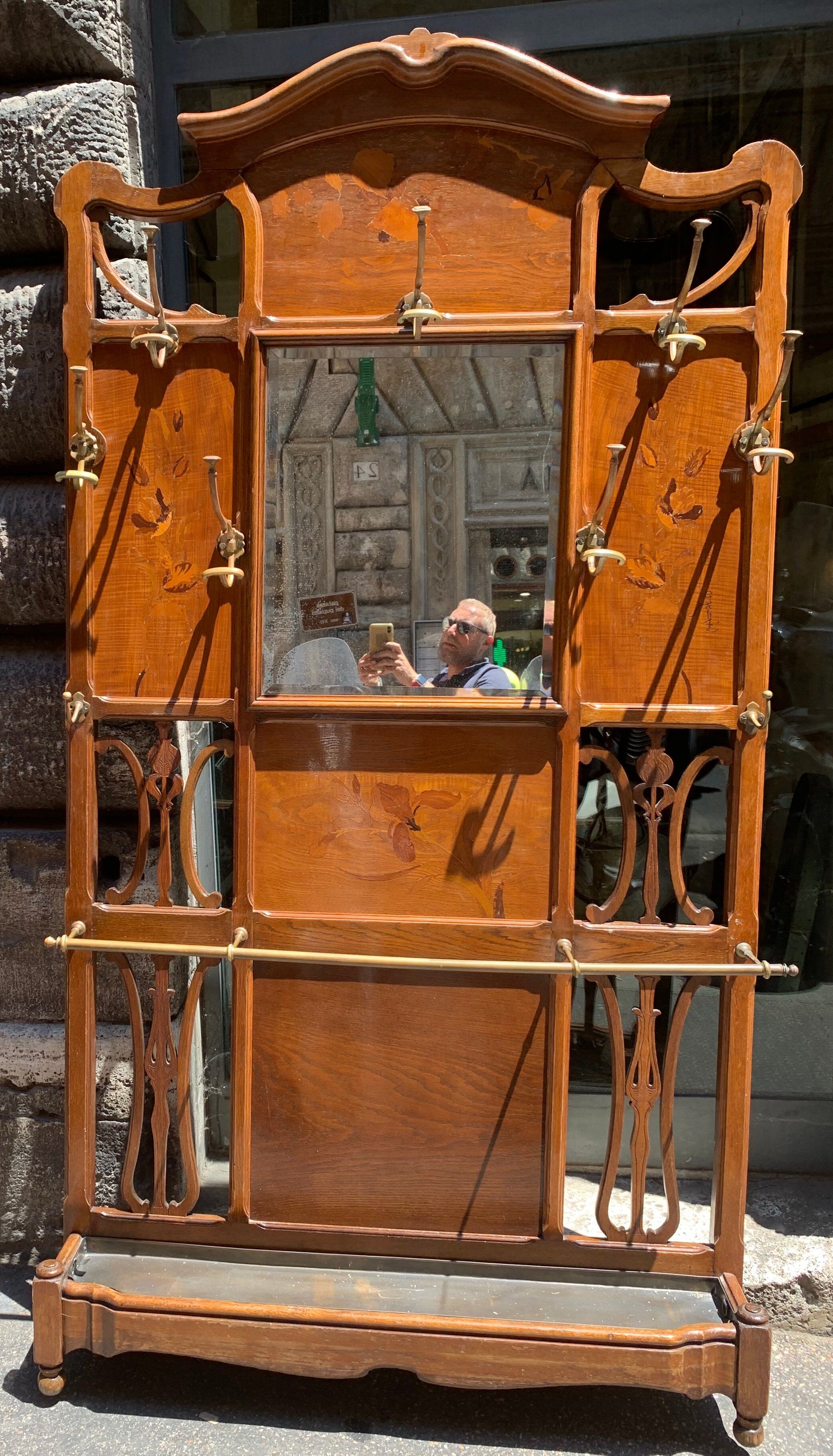 Antique french bronze, acacia, and walnut coat rack by Émile Galle