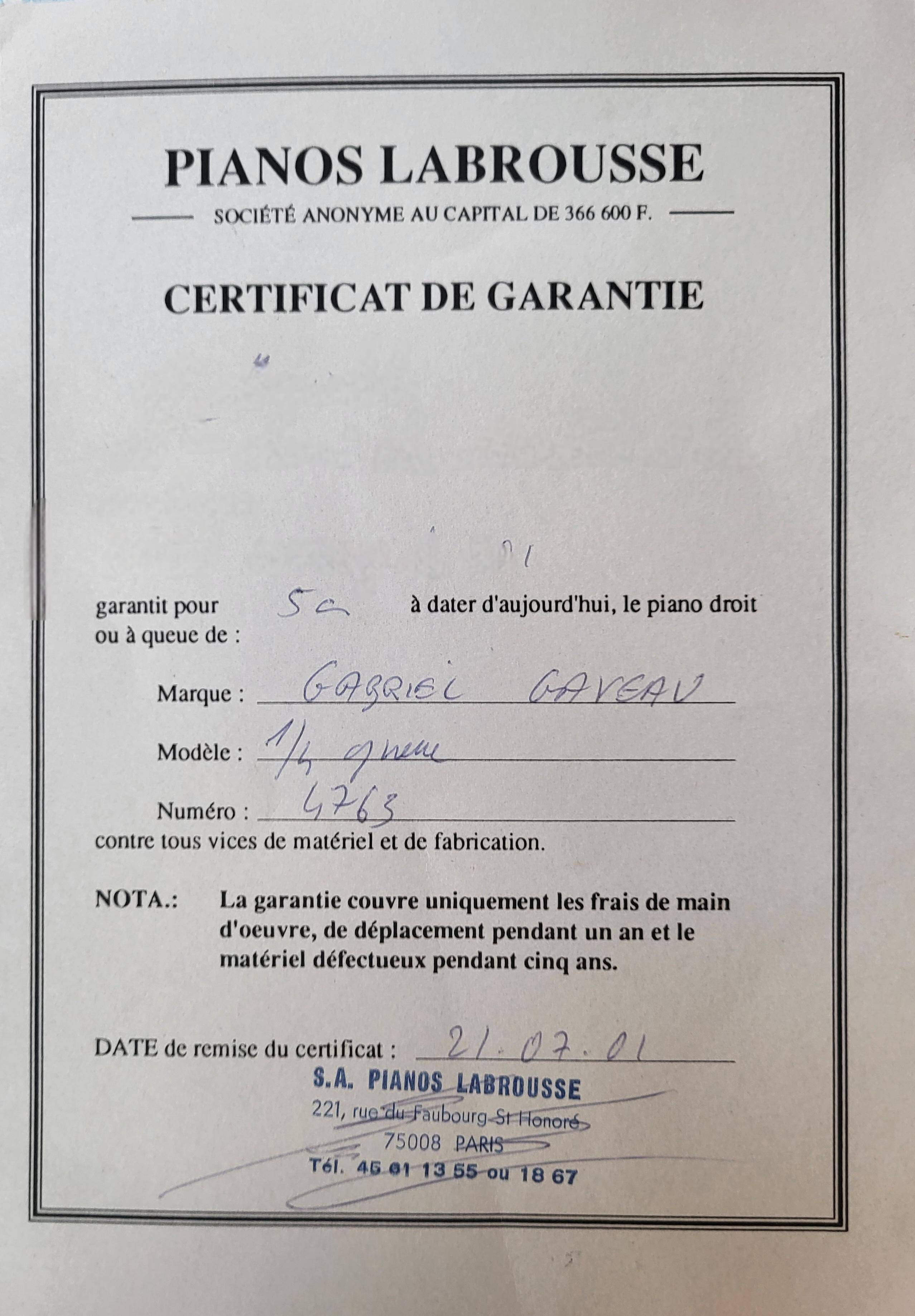 Piano Quart de Queue Gabriel Gaveau n°4753 – Facture Labrousse