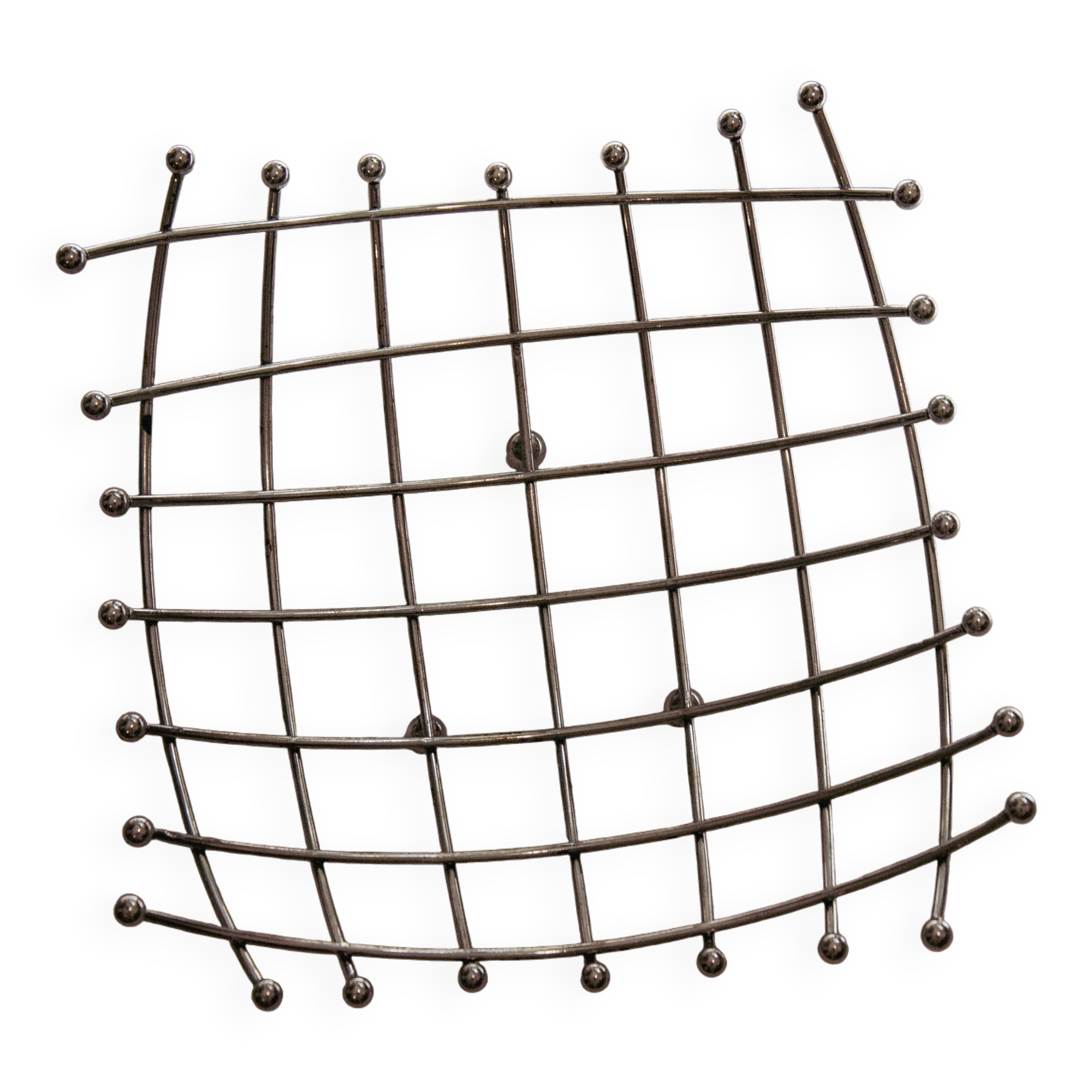 Curved grid fruit bowl, chrome metal and beads.