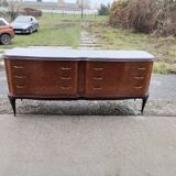 Mid-century Italian brown wooden chest of drawers, black glass top and brass handles.