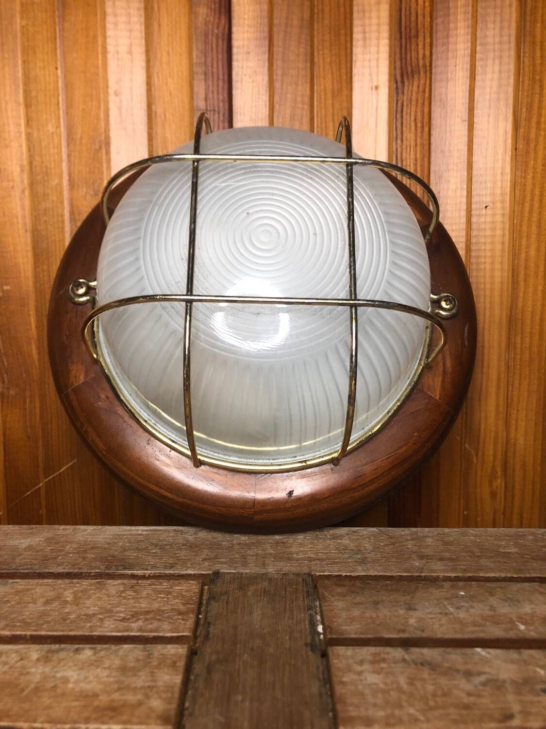 Old marine style ceiling light molded glass wood contour gold metal reinforcement #a624