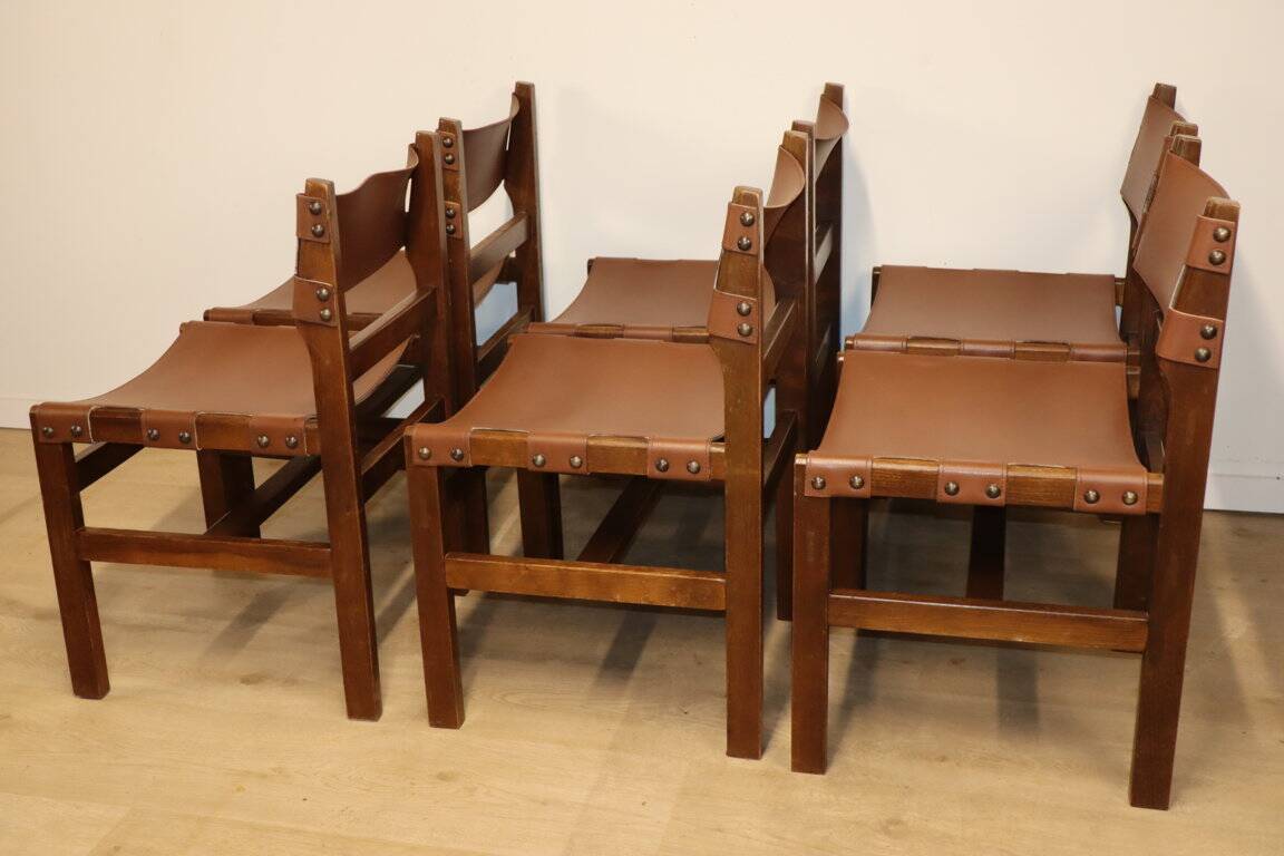 Series of 6 vintage Maison Regain chairs in leather and wood, 1960s