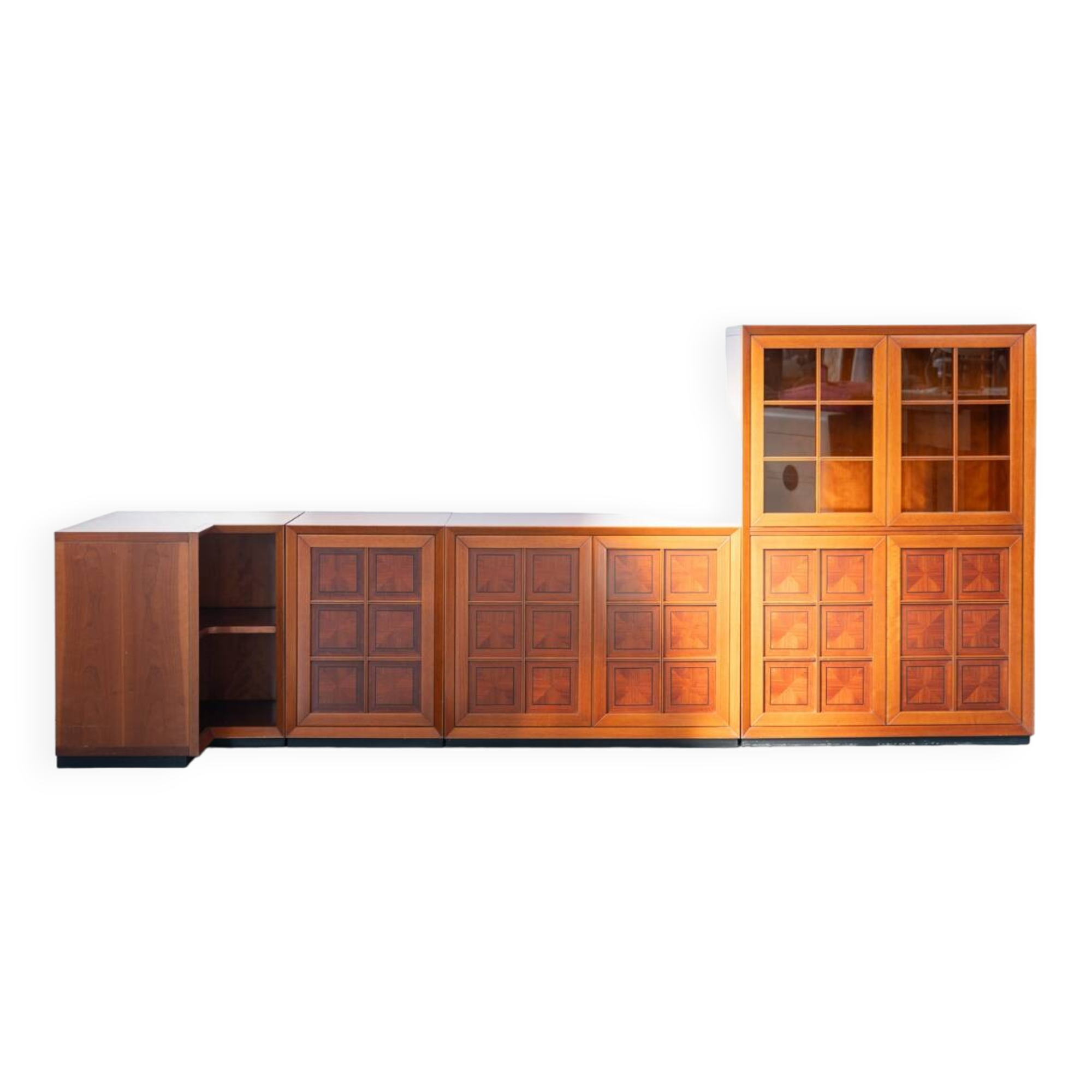 1970s Modular Corner Cabinet in Cherrywood with Glass and Carved Doors – “Fox Hunt” Design