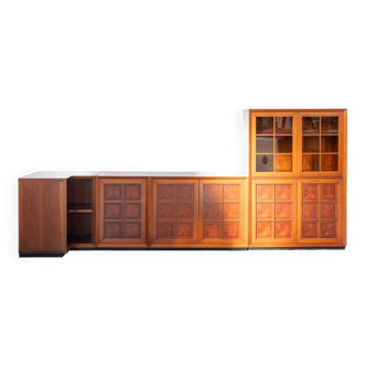 1970s Modular Corner Cabinet in Cherrywood with Glass and Carved Doors – “Fox Hunt” Design