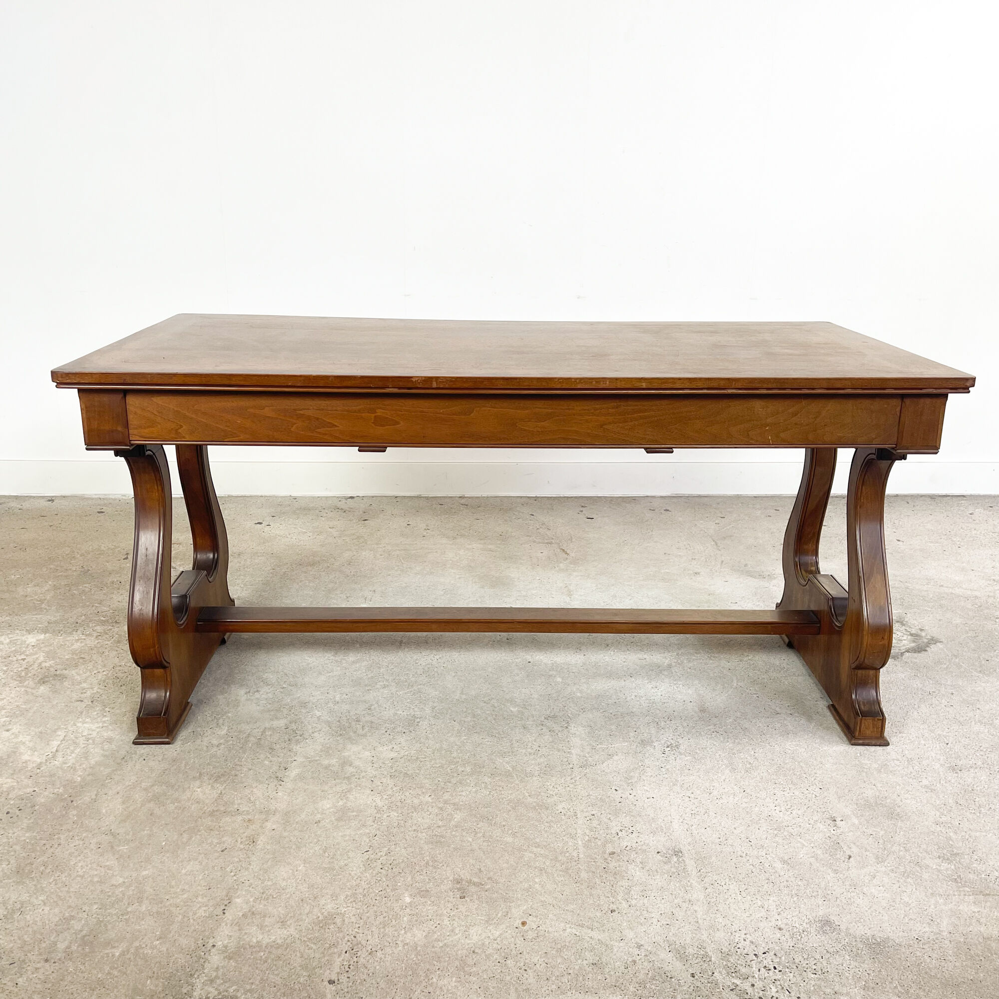 Vintage mahogany harp base desk table with drawers