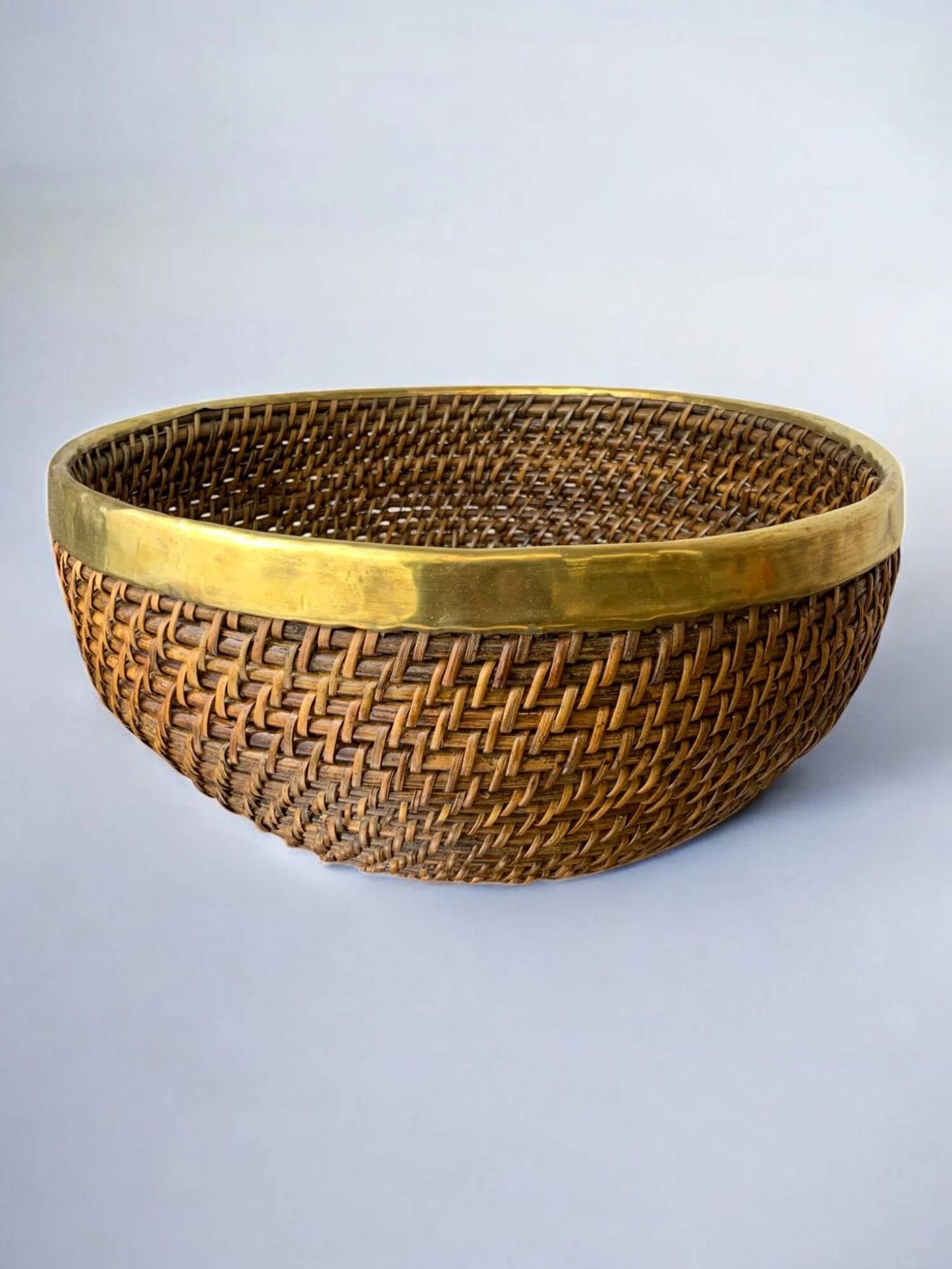 Rattan and brass basket, Italy, 1970s, 32 cm diameter