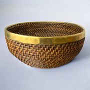 Rattan and brass basket, Italy, 1970s, 32 cm diameter