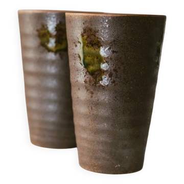 Set of 2 Vintage Stoneware Ceramic Mugs in Brown with Moss-Green Glaze by Matthias Jäckel Studio, Keramikhof Naunhof