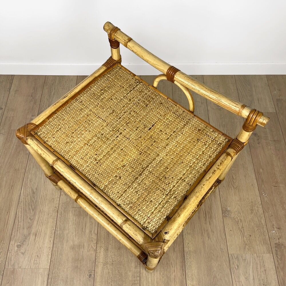 Vintage bamboo and woven straw side table