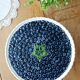 Pie dish on foot, in slip with blackberry decoration