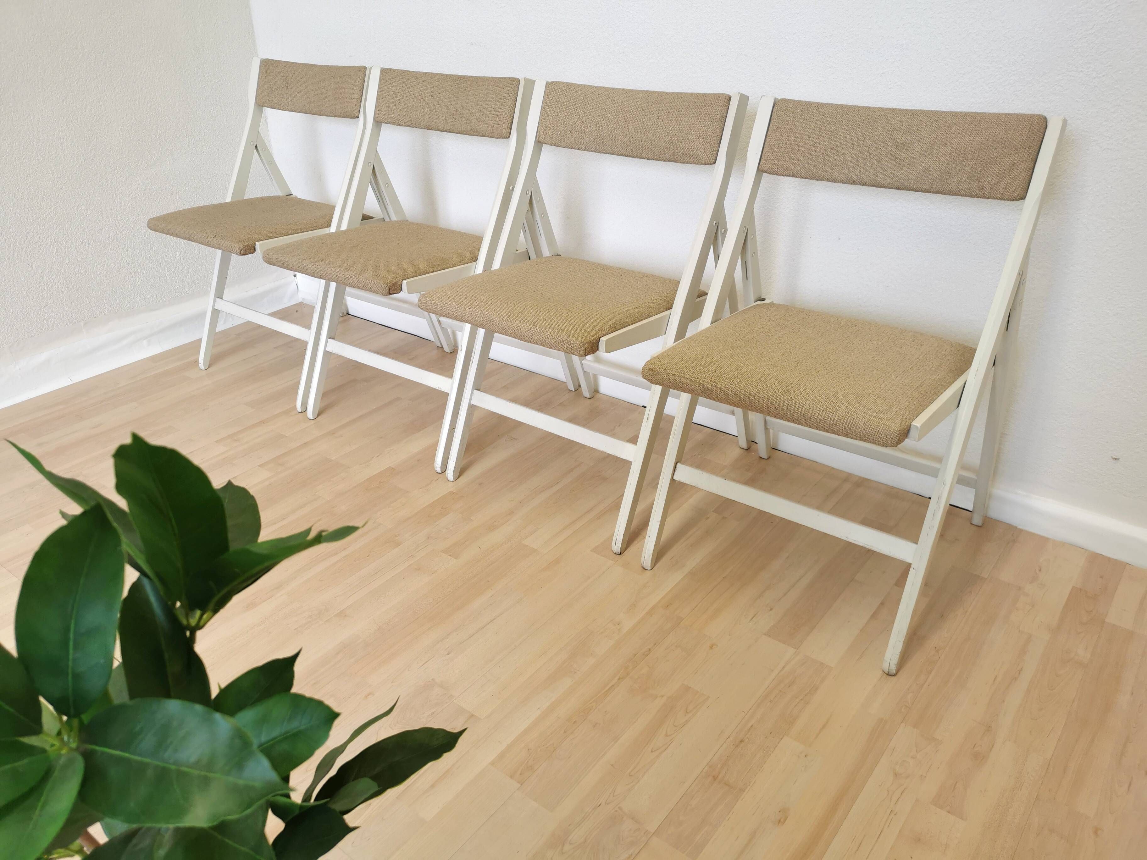 Set of 4 Vintage Wooden Folding Lounge Chairs: Beige Fabric, STOL Kamnik 1970