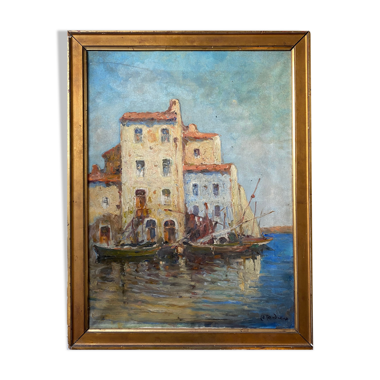 Table "Landscape of boats" Italy HST signed Alfred Tardieu (XIX-XX)