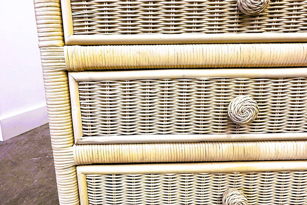 Mid-century pale yellow rattan and bamboo chest of drawers