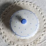 Vintage ivory earthenware candy box with blue polka dots