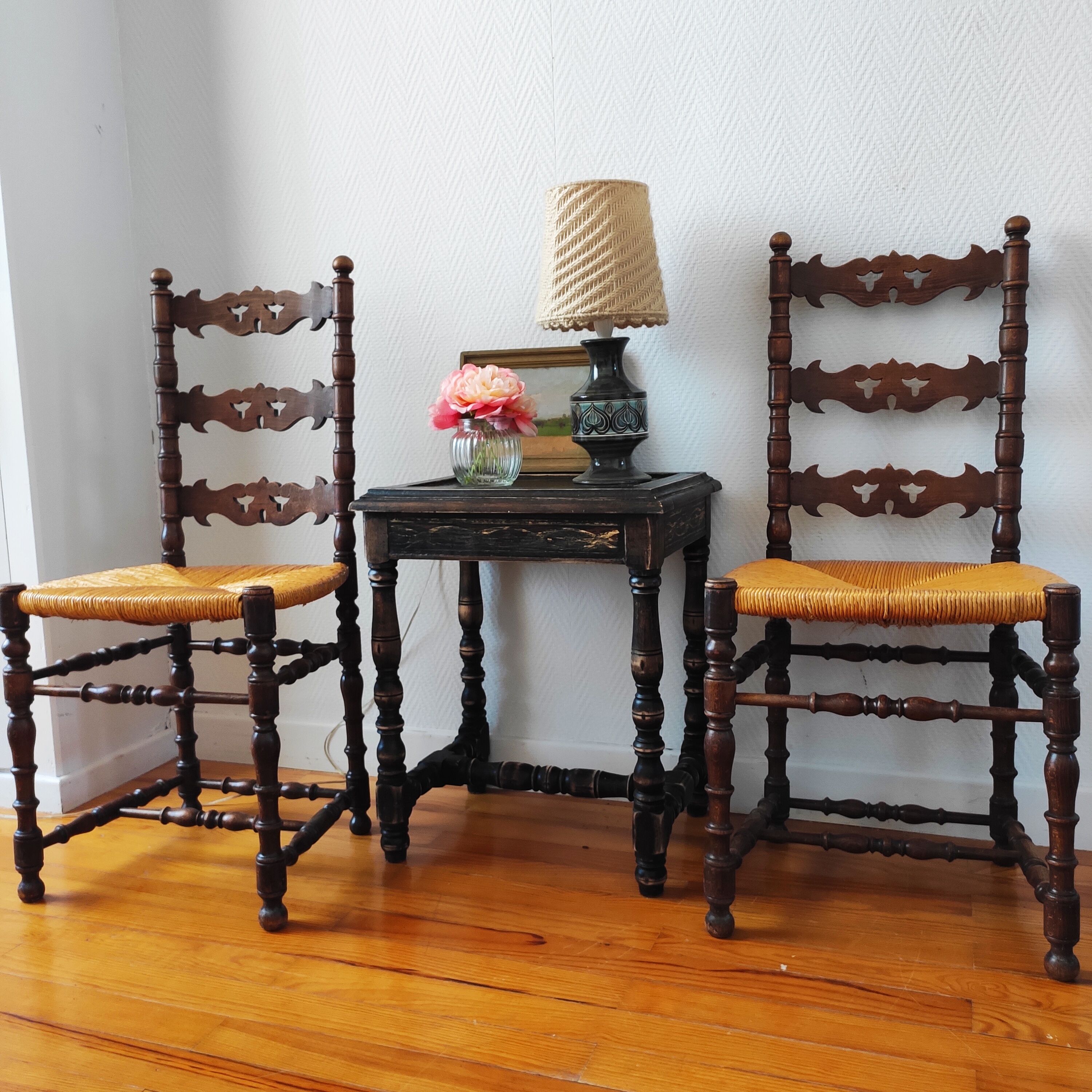 Pair of old turned wood chairs