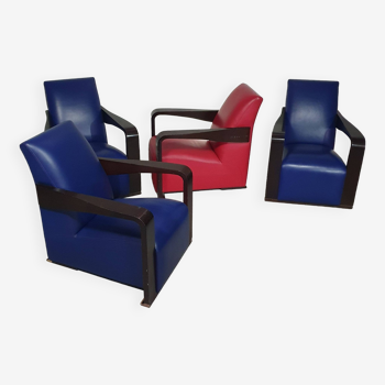 4 x Vintage Ying lounge chairs / fauteuils van Hugues Chevalier,'90. 3 x blue / 1 x red leather