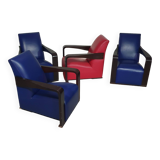 4 x Vintage Ying lounge chairs / fauteuils van Hugues Chevalier,'90. 3 x blue / 1 x red leather