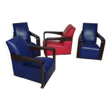 4 x Vintage Ying lounge chairs / fauteuils van Hugues Chevalier,'90. 3 x blue / 1 x red leather