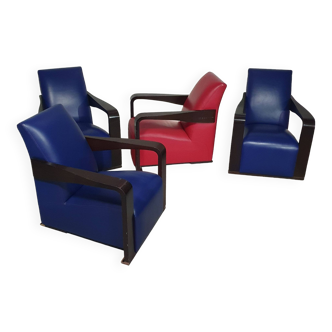 4 x Vintage Ying lounge chairs / fauteuils van Hugues Chevalier,'90. 3 x blue / 1 x red leather