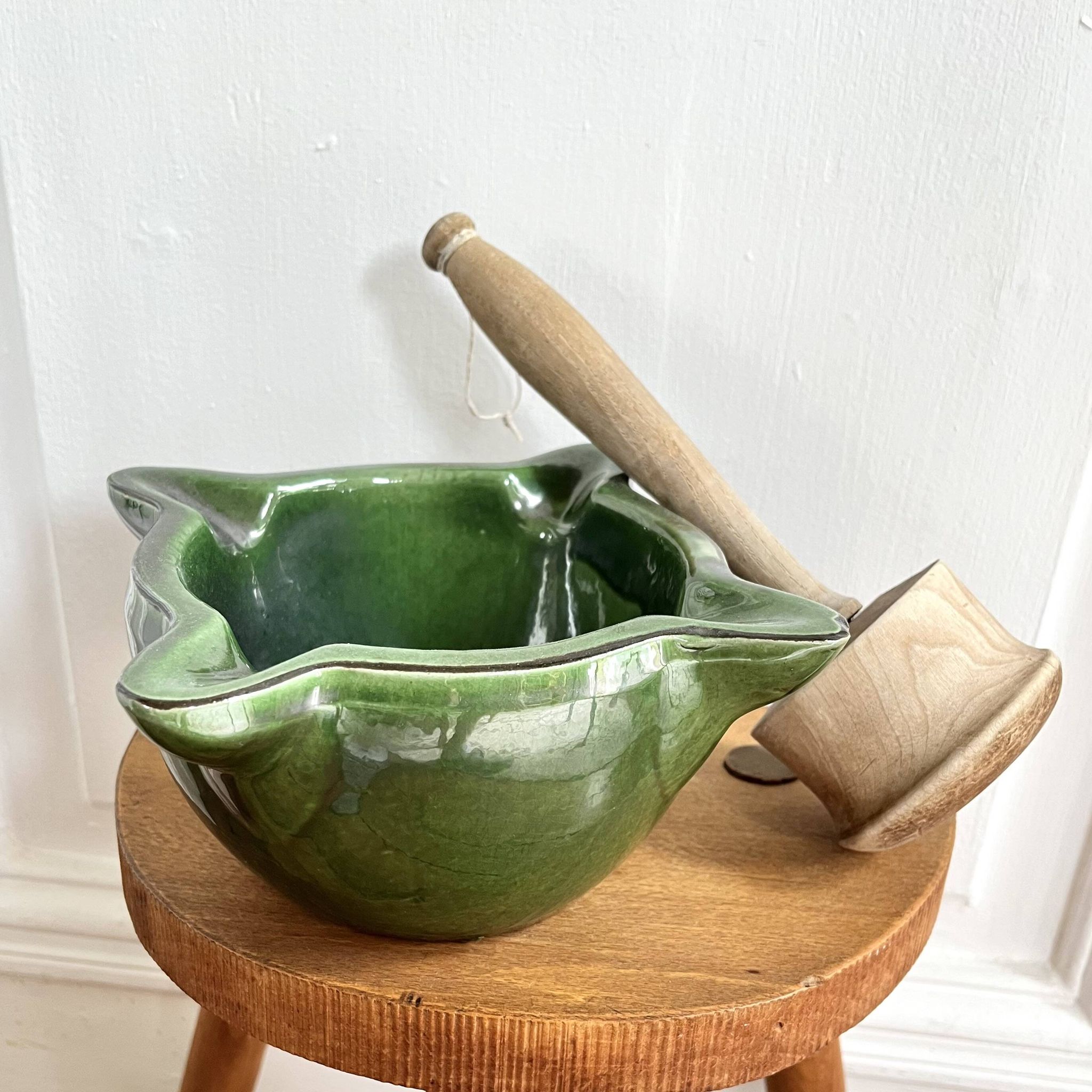 Ceramic mortar and wooden pestle