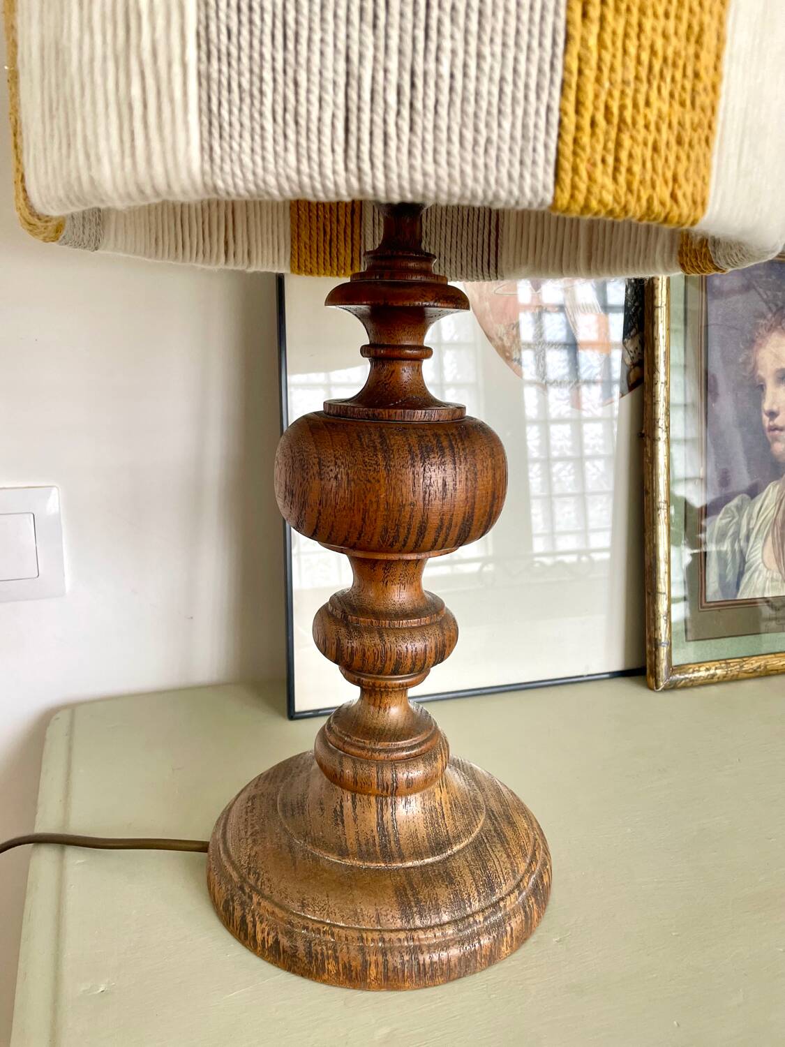 Large vintage lamp with turned wooden base, wool and rope striped lampshade
