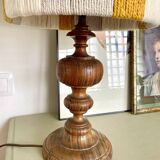 Large vintage lamp with turned wooden base, wool and rope striped lampshade