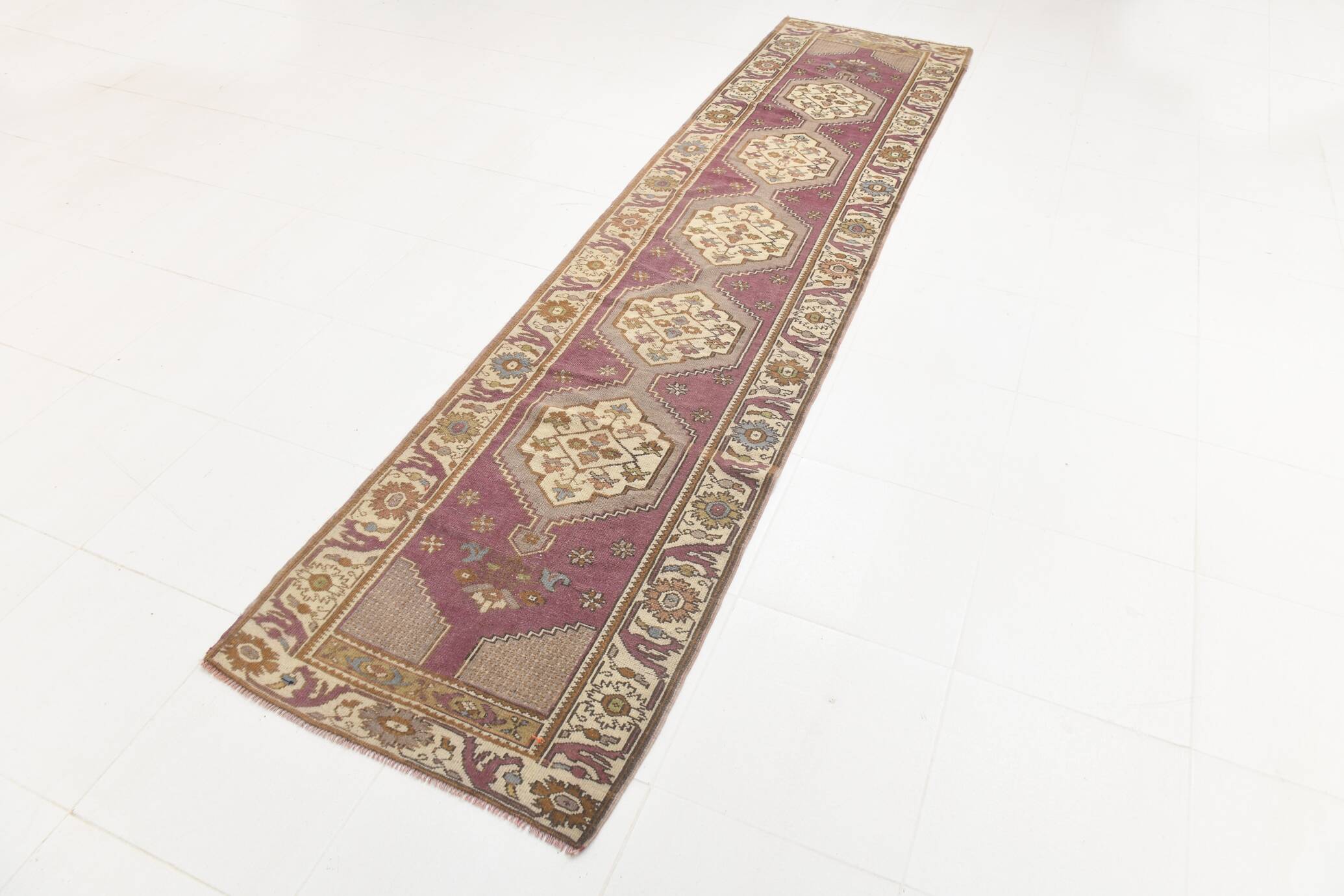 Vintage Burgundy Cream Runner Rug, 78x332Cm