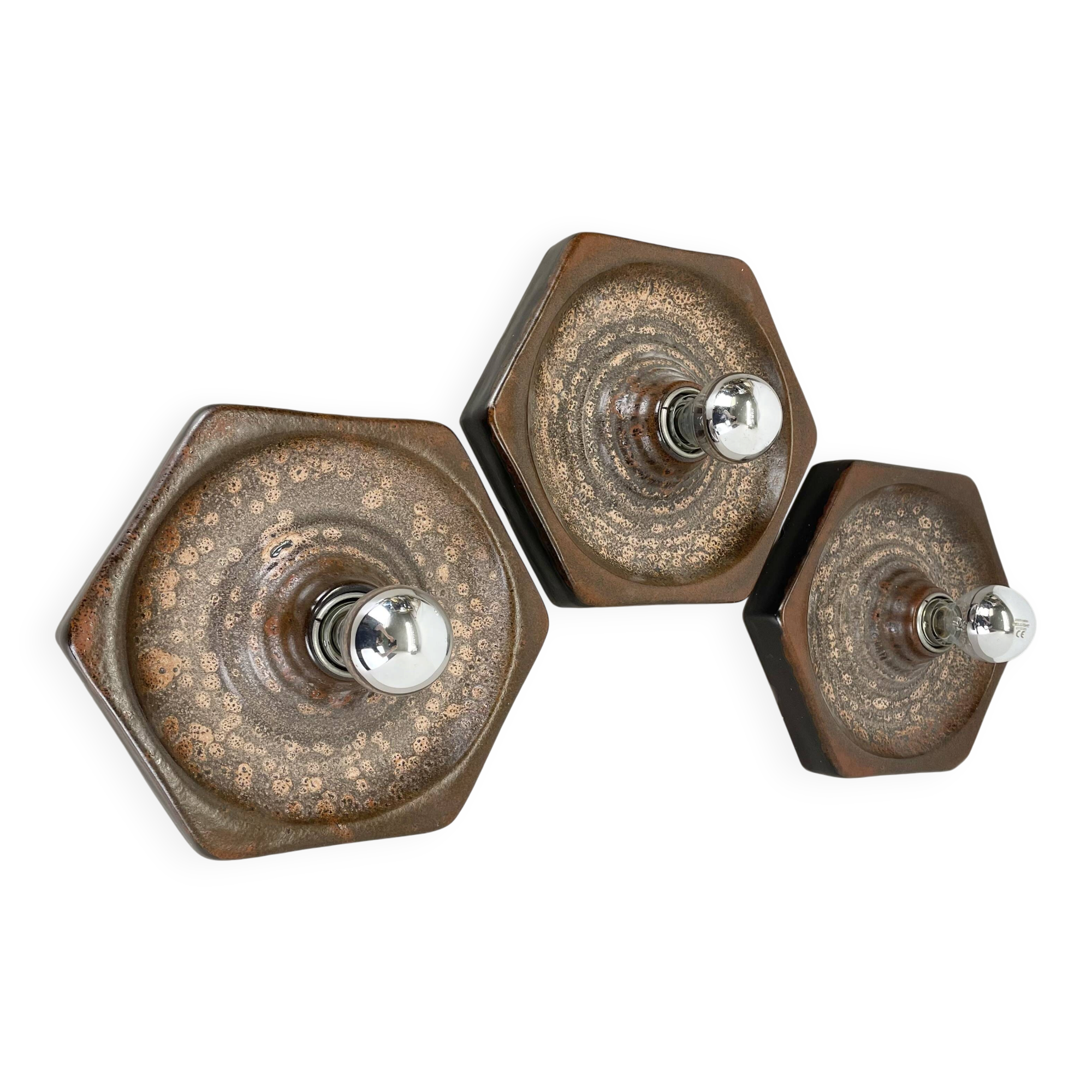 Set of Three brown Ceramic SPUTNIK Wall Lights by Pan Ceramics Germany 197
