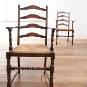 Pair of English oak armchairs with ladder back and rush seats