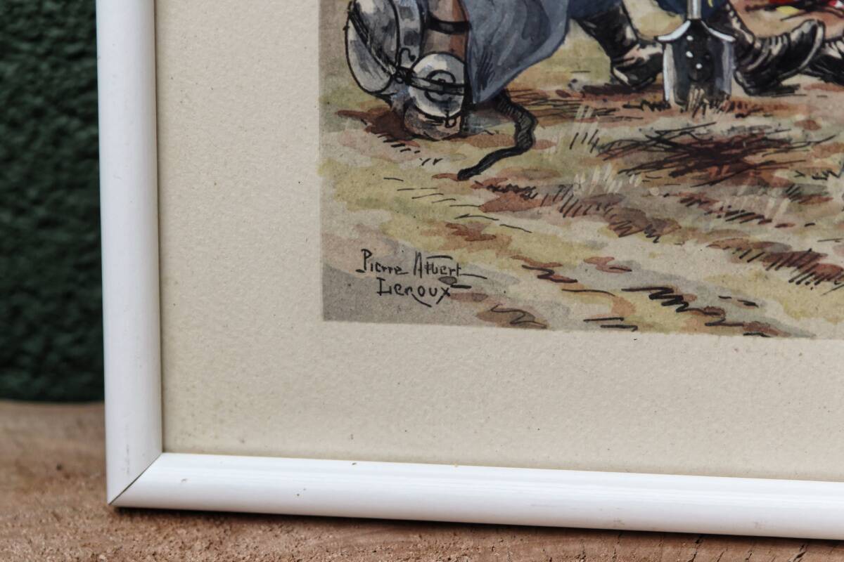 Set of 3 military drawings, watercolor and gouache by Pierre Albert Leroux