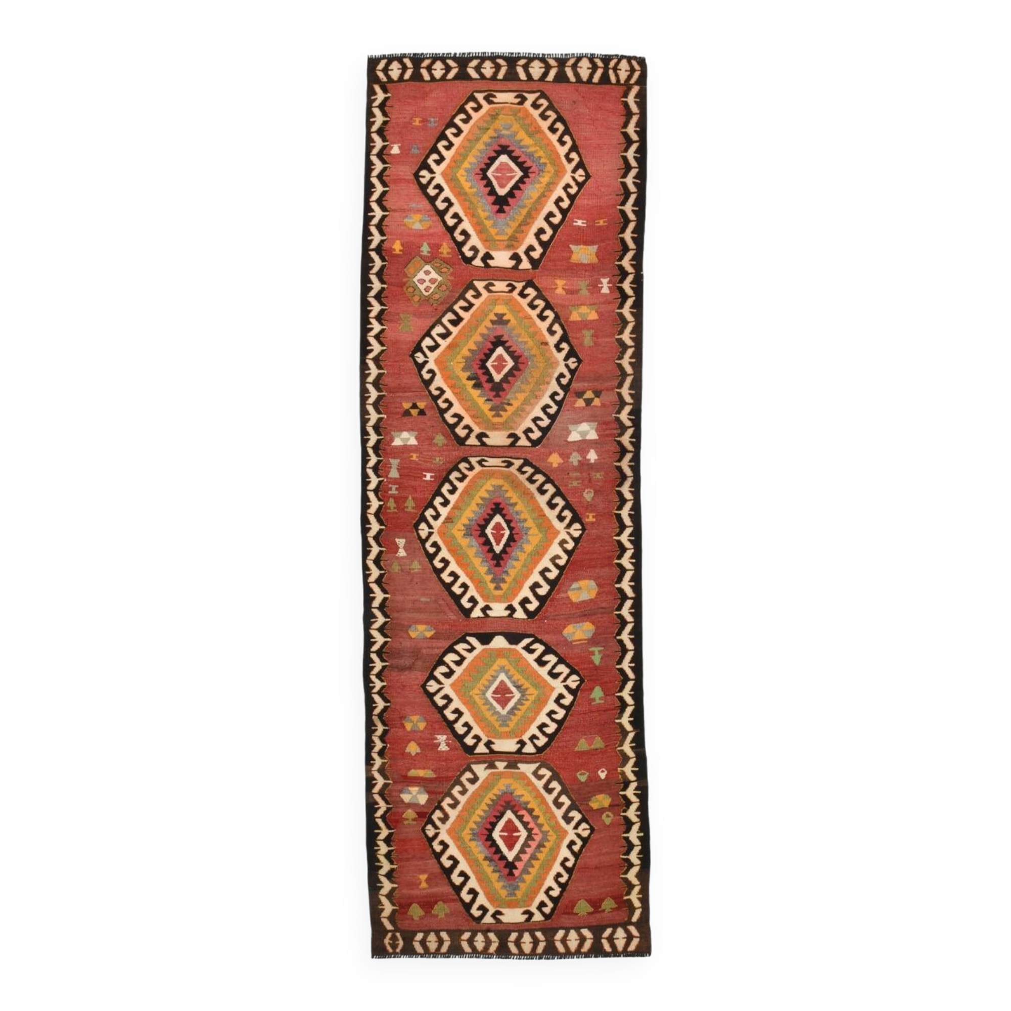 Red & Beige Oriental Vintage Kilim Runner Rug, 81x261Cm