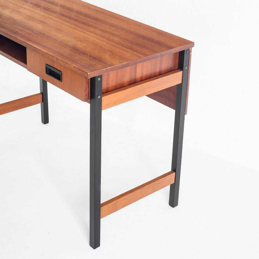 Vintage one-drawer desk. Mahogany veneer and solid beech. France, 1960s