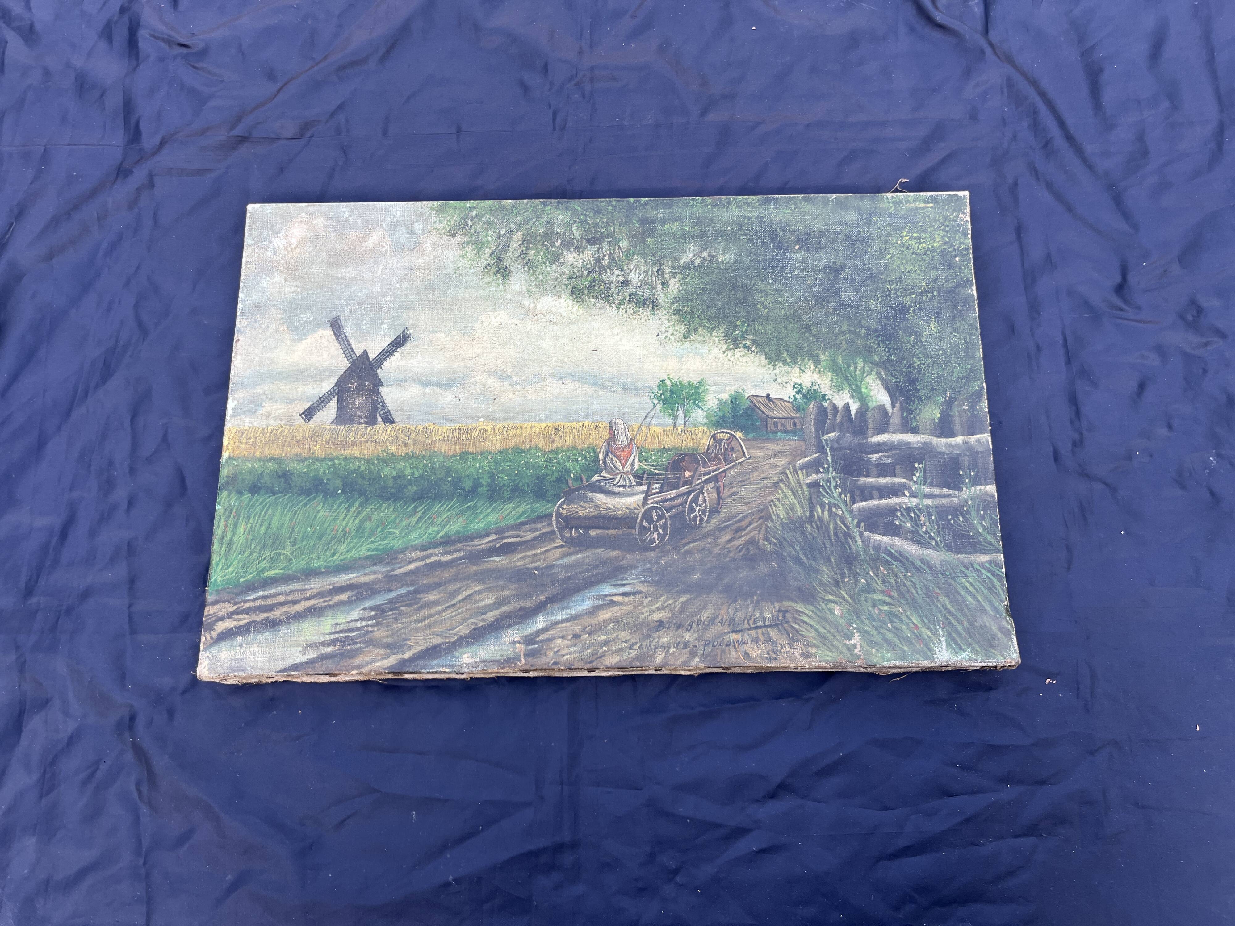 Antique Polish painting signed - rural scene with mill