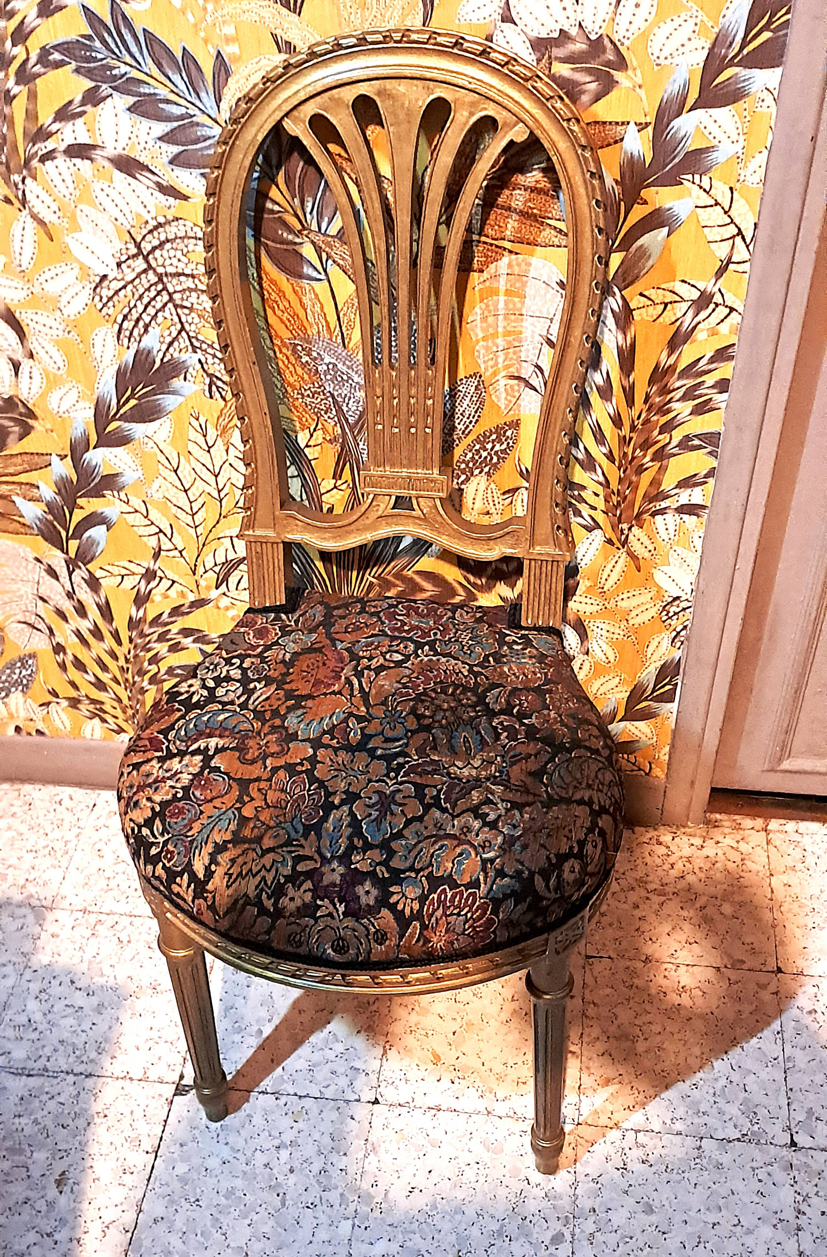 Napoleon III chairs, gilded wood, upholstered in damask fabric