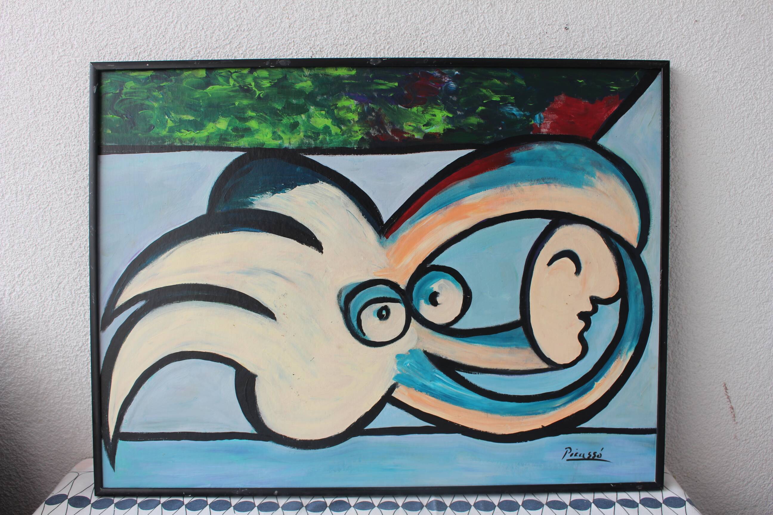 1970s Blue Green Cubist Figurative Painting, Framed