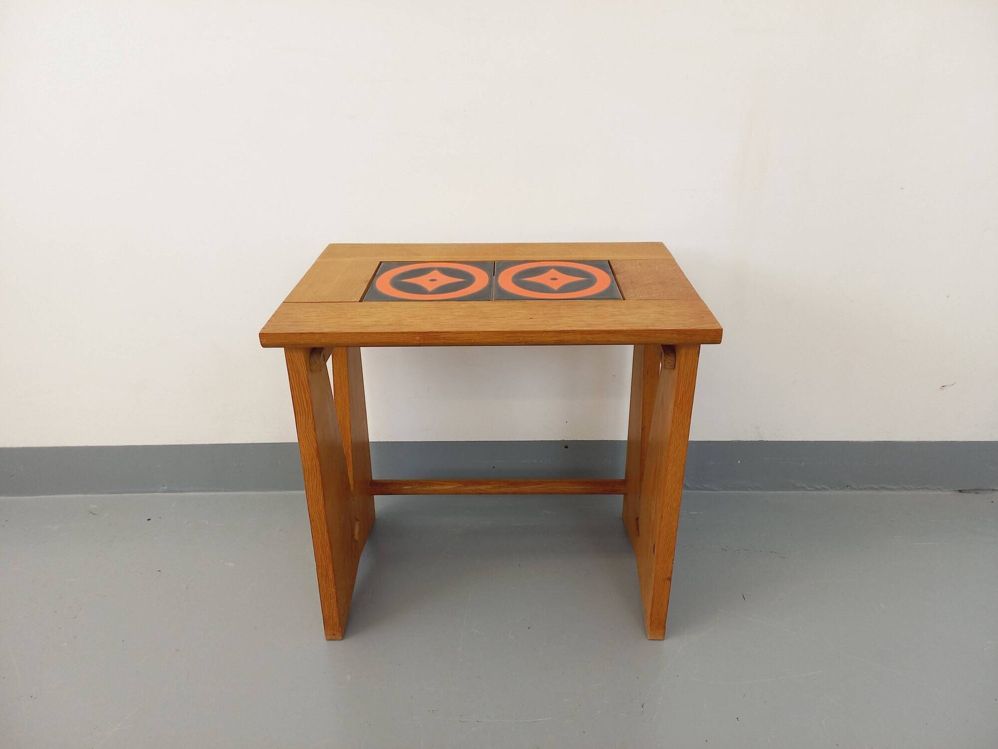 Vintage Guillerme and Chambron coffee and side table in solid oak and ceramic from the 50s and 60s