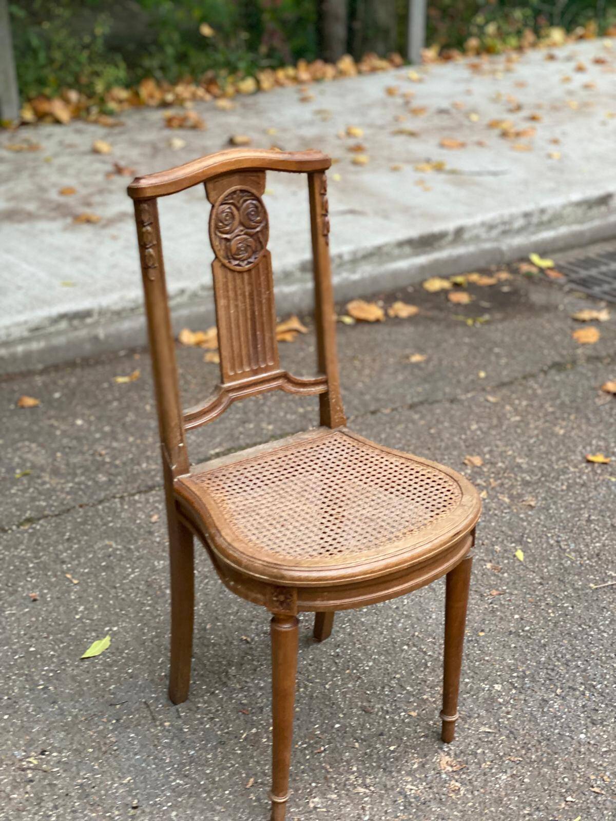 Art Deco lyre chair in solid caned wood
