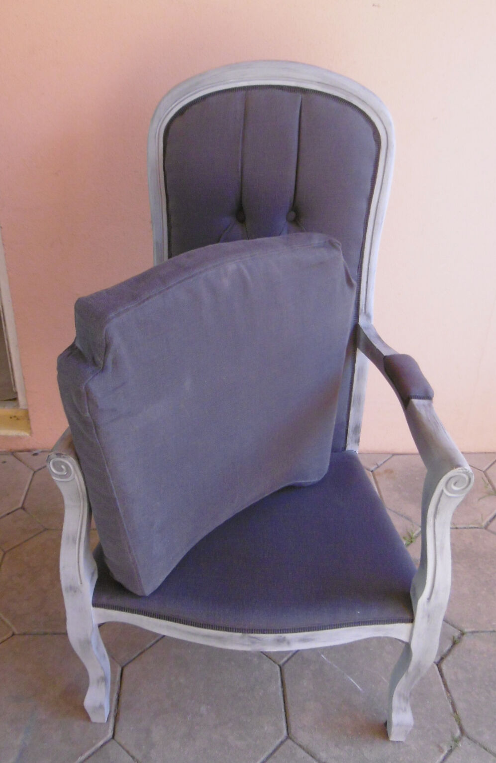 GREY PATINATED VOLTAIRE ARMCHAIR AND ANTHRACITE FABRIC