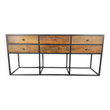 Antique wooden console with black metal base and 6 drawers