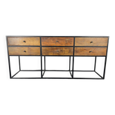 Antique wooden console with black metal base and 6 drawers