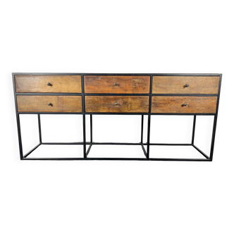 Antique wooden console with black metal base and 6 drawers