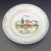 Large antique hollow dish from the 19th century, earthenware with pastoral decoration featuring a child, pig, and goose.