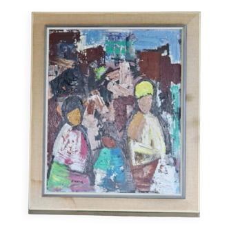 Grande peinture à l’huile moderniste suédoise des années 1970 « Bâtiments et figures » par Gösta Falck - vintage et encadré