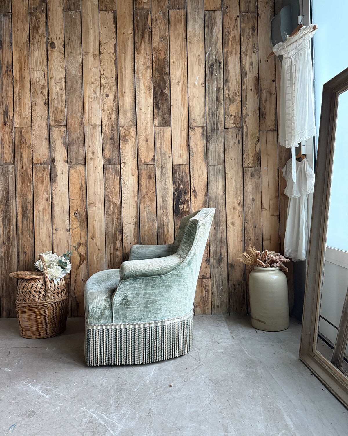 Green velvet tub chair